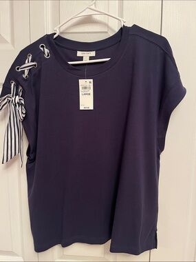 Macy's On 34th brand Navy Short Sleeve Top with Striped Lace-Up Shoulder Tie